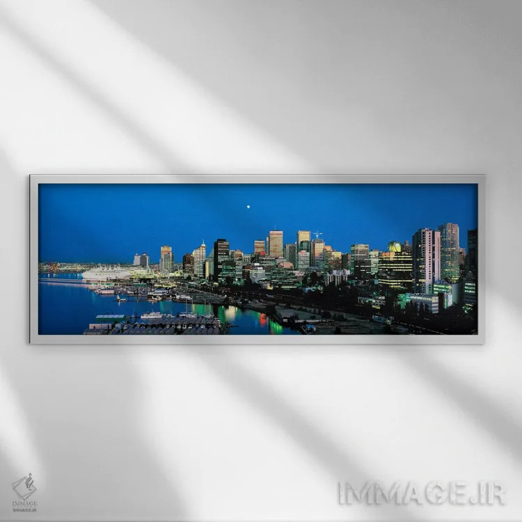 تابلو آسمانشهر در غروب، ونکوور، بریتیش کلمبیا، کانادا اثر پانورامیک ایمجز (استودیو عکاسی عریض) - نمای قابدار سفید