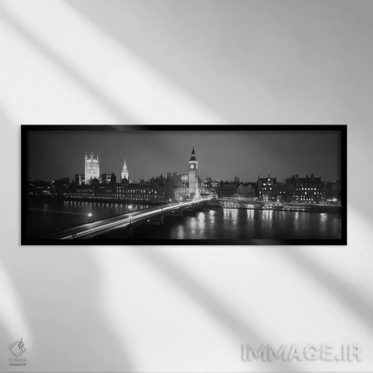 تابلو انگلستان، لندن، پارلمان، بیگ بن (سیاه و سفید) اثر پانورامیک ایمجز (استودیو عکاسی عریض) - نمای قابدار مشکی