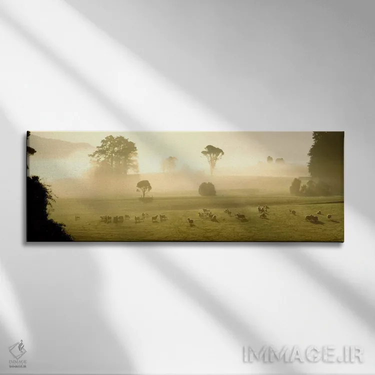 تابلو زمینهای کشاورزی و گوسفندان، سوتلند، نیوزیلند اثر پانورامیک ایمجز (استودیو عکاسی عریض) - نمای روبهرو روی دیوار
