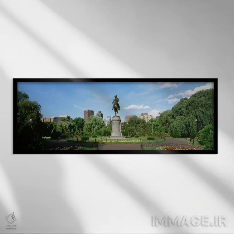 تابلو Boston Public Garden, Boston, Massachusetts, USA" - "مجسمه اسبسواری جورج واشینگتن، باغ عمومی بوستون، بوستون، ماساچوست، ایالات متحده" اثر پانورامیک ایمجز (استودیو عکاسی عریض) - نمای قابدار مشکی