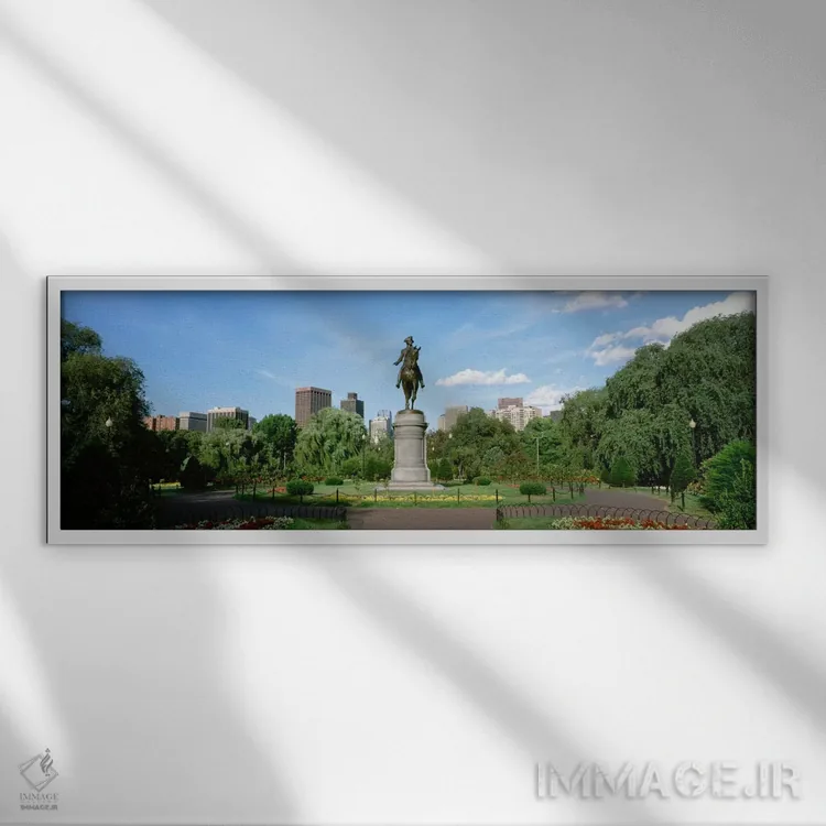 تابلو Boston Public Garden, Boston, Massachusetts, USA" - "مجسمه اسبسواری جورج واشینگتن، باغ عمومی بوستون، بوستون، ماساچوست، ایالات متحده" اثر پانورامیک ایمجز (استودیو عکاسی عریض) - نمای قابدار سفید
