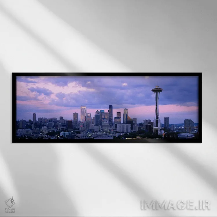 تابلو آسمانخراشها در یک شهر، سیاتل، ایالت واشنگتن، ایالات متحده آمریکا اثر پانورامیک ایمجز (استودیو عکاسی عریض) - نمای قابدار مشکی