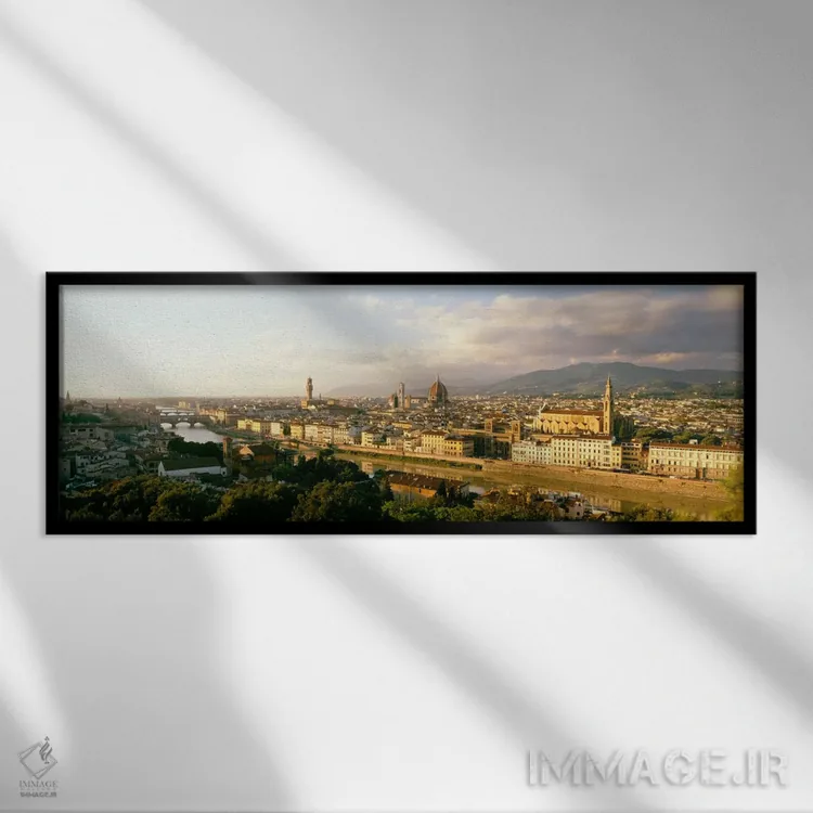 تابلو "دوئومو و رودخانه آرنو، فلورانس، ایتالیا" اثر پانورامیک ایمجز (استودیو عکاسی عریض) - نمای قابدار مشکی