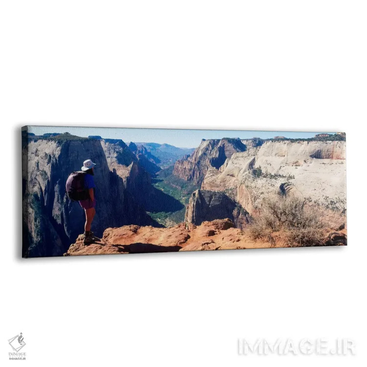 تابلو Washington County, Utah, USA,زن کوهنورد ایستاده کنار یک دره، پارک ملی زایون، شهرستان واشینگتن، یوتا، آمریکا اثر پانورامیک ایمجز (استودیو عکاسی عریض) - نمای پرسپکتیو محصول