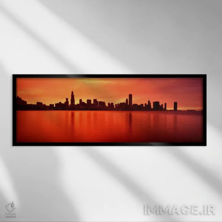 تابلو Chicago, sunset" - "ایالات متحده، ایلینوی، شیکاگو، غروب آفتاب" اثر پانورامیک ایمجز (استودیو عکاسی عریض) - نمای قابدار مشکی