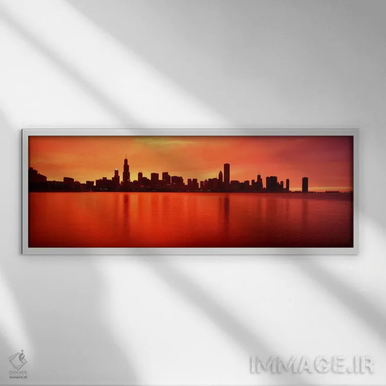 تابلو Chicago, sunset" - "ایالات متحده، ایلینوی، شیکاگو، غروب آفتاب" اثر پانورامیک ایمجز (استودیو عکاسی عریض) - نمای قابدار سفید