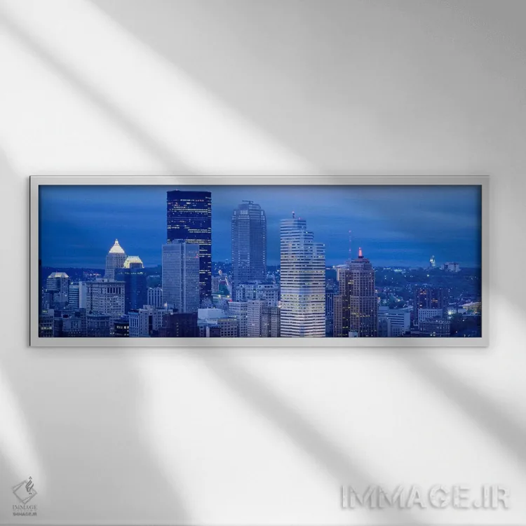 تابلو Pennsylvania, USA,نمای زاویهبالا از آسمانخراشهای روشنشده در غروب، پیتسبورگ، پنسیلوانیا، آمریکا اثر پانورامیک ایمجز (استودیو عکاسی عریض) - نمای قابدار سفید