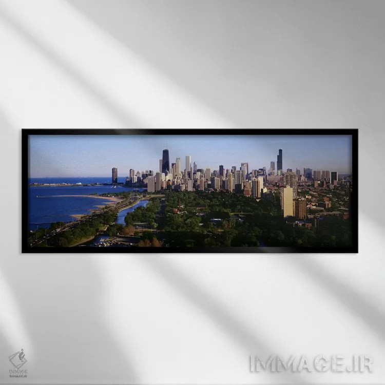 تابلو Illinois, USA" - "نمای هوایی از افق شیکاگو، ایلینوی، ایالات متحده" اثر پانورامیک ایمجز (استودیو عکاسی عریض) - نمای قابدار مشکی