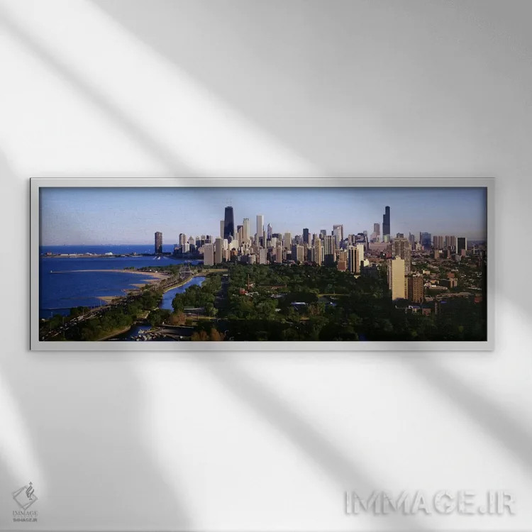 تابلو Illinois, USA" - "نمای هوایی از افق شیکاگو، ایلینوی، ایالات متحده" اثر پانورامیک ایمجز (استودیو عکاسی عریض) - نمای قابدار سفید