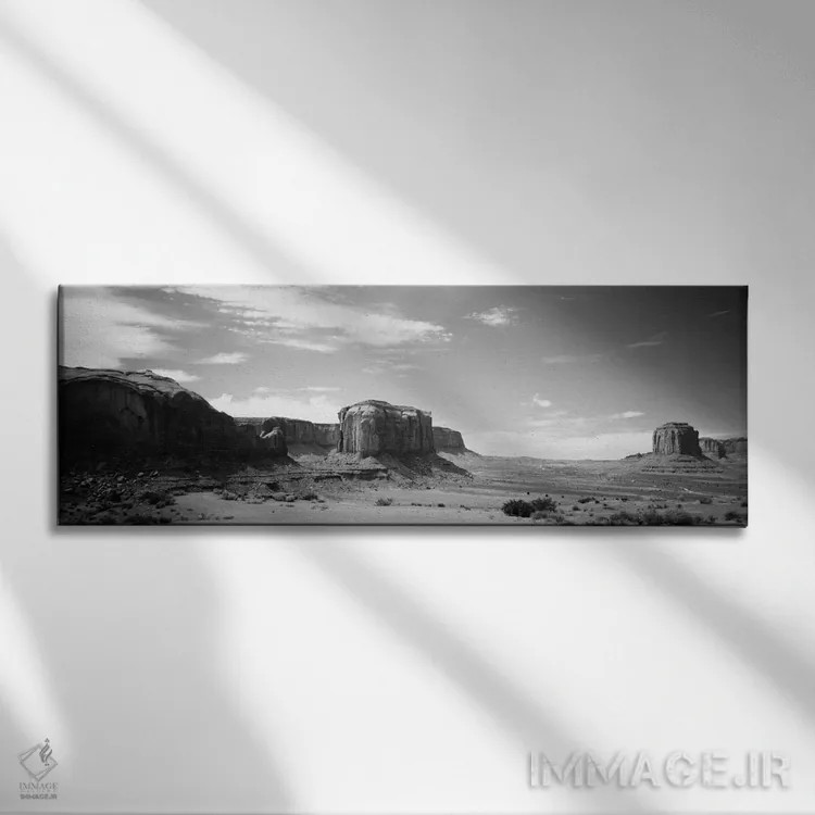 تابلو "منظره بیابانی به صورت سیاه و سفید، دره یادبود، سرزمین ناواهو، ایالات متحده" اثر پانورامیک ایمجز (استودیو عکاسی عریض) - نمای روبهرو روی دیوار