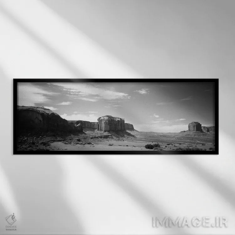 تابلو "منظره بیابانی به صورت سیاه و سفید، دره یادبود، سرزمین ناواهو، ایالات متحده" اثر پانورامیک ایمجز (استودیو عکاسی عریض) - نمای قابدار مشکی