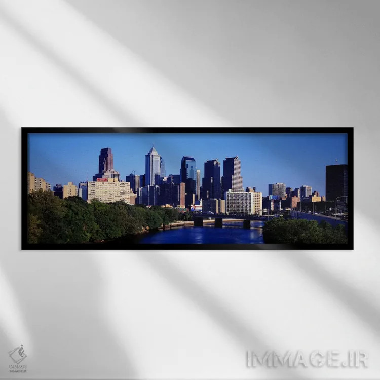 تابلو Philadelphia, Pennsylvania, USA" - "رودخانه دلاویر، فیلادلفیا، پنسیلوانیا، ایالات متحده آمریکا" اثر پانورامیک ایمجز (استودیو عکاسی عریض) - نمای قابدار مشکی