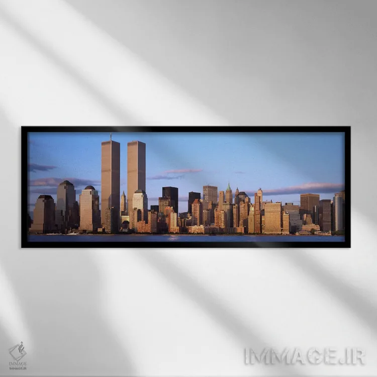 تابلو Manhattan, New York City, New York State, USA" - "آسمانخراشها در یک شهر، مرکز تجارت جهانی، منهتن، نیویورک، ایالات متحده آمریکا" اثر پانورامیک ایمجز (استودیو عکاسی عریض) - نمای قابدار مشکی