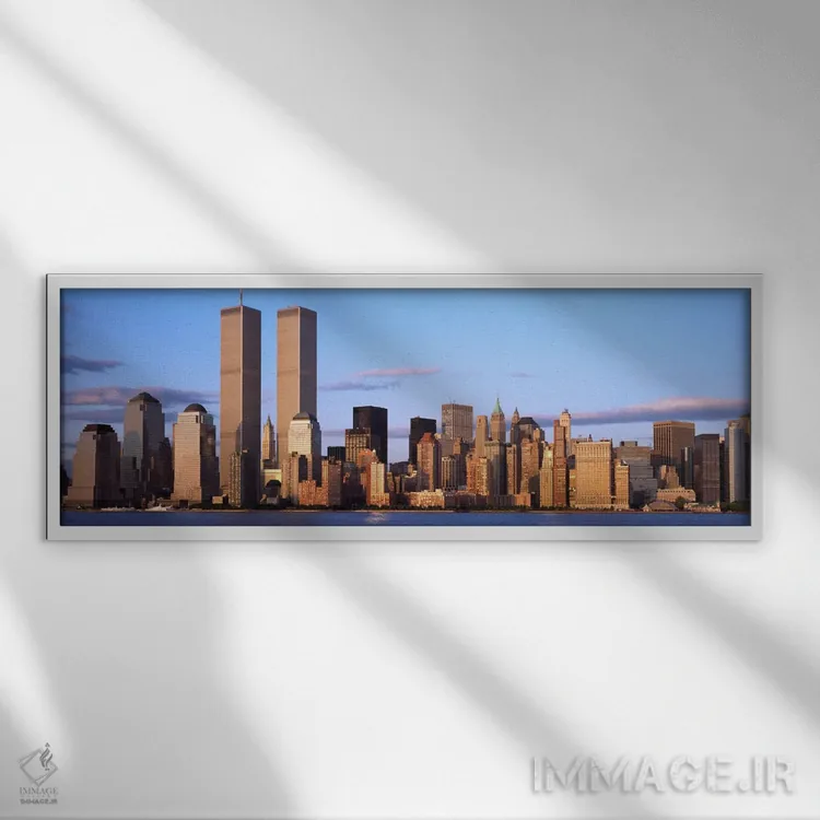 تابلو Manhattan, New York City, New York State, USA" - "آسمانخراشها در یک شهر، مرکز تجارت جهانی، منهتن، نیویورک، ایالات متحده آمریکا" اثر پانورامیک ایمجز (استودیو عکاسی عریض) - نمای قابدار سفید