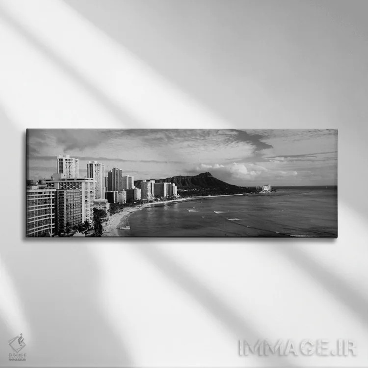 تابلو Diamond Head, Waikiki, Oahu, Honolulu, Hawaii, USA #2" - "ساختمانها در سواحل با کوه آتشفشانی در پسزمینه، دایموند هد، وایکیکی، اوآهو، هونولولو، هاوایی، ایالات متحده آمریکا" اثر پانورامیک ایمجز (استودیو عکاسی عریض) - نمای روبهرو روی دیوار
