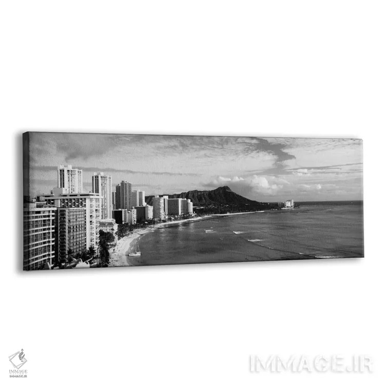 تابلو Diamond Head, Waikiki, Oahu, Honolulu, Hawaii, USA #2" - "ساختمانها در سواحل با کوه آتشفشانی در پسزمینه، دایموند هد، وایکیکی، اوآهو، هونولولو، هاوایی، ایالات متحده آمریکا" اثر پانورامیک ایمجز (استودیو عکاسی عریض) - نمای پرسپکتیو محصول
