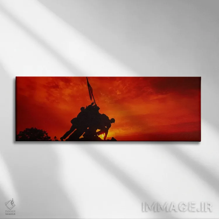 تابلو Iwo Jima Memorial, Arlington National Cemetery, Virginia, USA" - "سیلوئت مجسمهها در یک یادبود جنگ، یادبود ایووجیما، گورستان ملی آرتلینگتون، ویرجینیا، ایالات متحده آمریکا" اثر پانورامیک ایمجز (استودیو عکاسی عریض) - نمای روبهرو روی دیوار