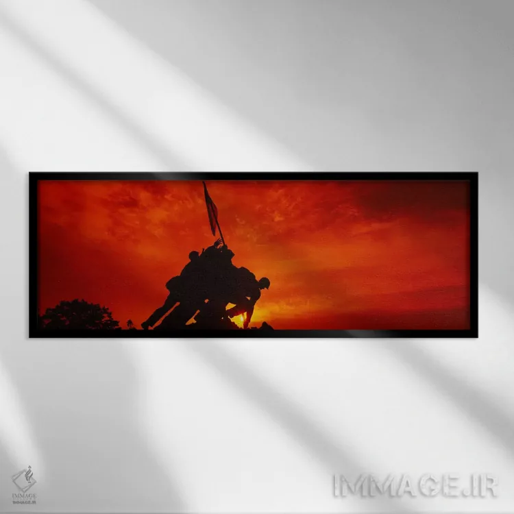 تابلو Iwo Jima Memorial, Arlington National Cemetery, Virginia, USA" - "سیلوئت مجسمهها در یک یادبود جنگ، یادبود ایووجیما، گورستان ملی آرتلینگتون، ویرجینیا، ایالات متحده آمریکا" اثر پانورامیک ایمجز (استودیو عکاسی عریض) - نمای قابدار مشکی