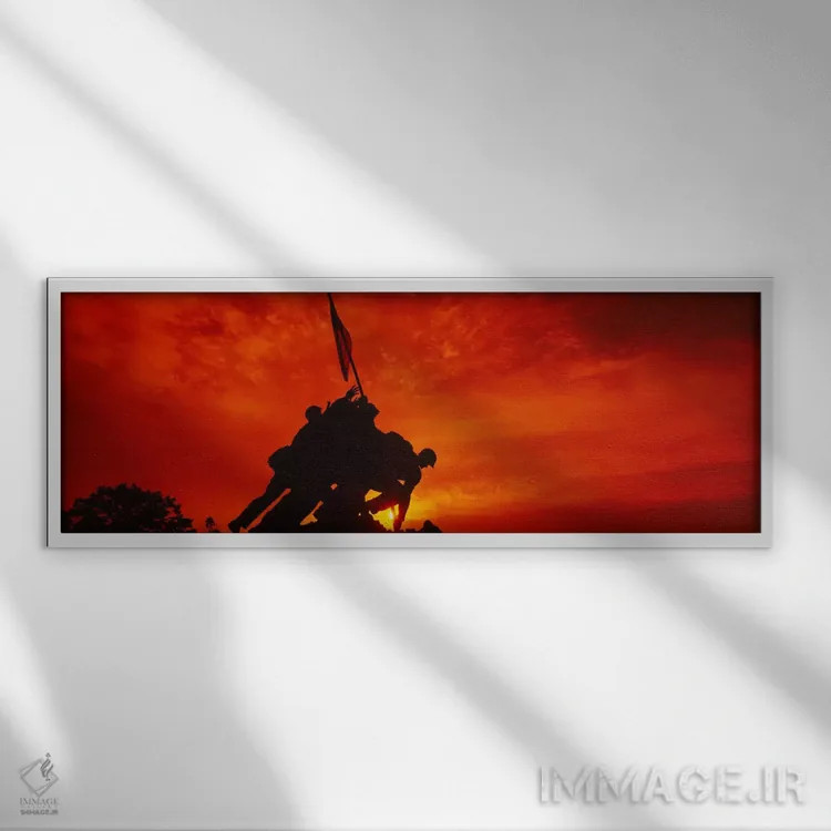تابلو Iwo Jima Memorial, Arlington National Cemetery, Virginia, USA" - "سیلوئت مجسمهها در یک یادبود جنگ، یادبود ایووجیما، گورستان ملی آرتلینگتون، ویرجینیا، ایالات متحده آمریکا" اثر پانورامیک ایمجز (استودیو عکاسی عریض) - نمای قابدار سفید