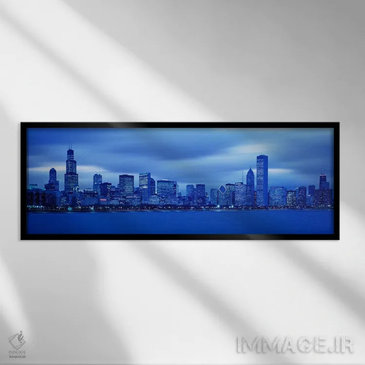 تابلو Chicago, Illinois, USA" - "نمای افق شهری در غروب، شیکاگو، ایلینوی، ایالات متحده آمریکا" اثر پانورامیک ایمجز (استودیو عکاسی عریض) - نمای قابدار مشکی