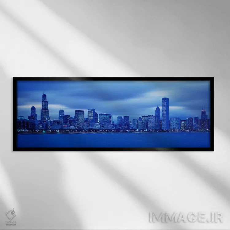 تابلو Chicago, Illinois, USA" - "نمای افق شهری در غروب، شیکاگو، ایلینوی، ایالات متحده آمریکا" اثر پانورامیک ایمجز (استودیو عکاسی عریض) - نمای قابدار مشکی