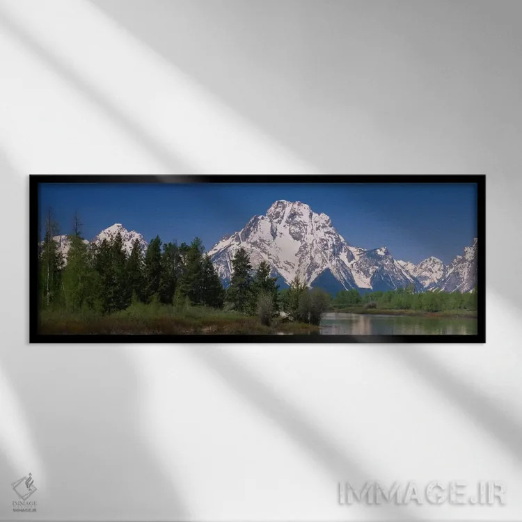 تابلو Grand Teton National Park, Wyoming, USA" - "کوه موران پوشیده از برف همانطور که از انحنای اوکس بو دیده میشود، پارک ملی گراند تیتون، وایومینگ، ایالات متحده آمریکا" اثر پانورامیک ایمجز (استودیو عکاسی عریض) - نمای قابدار مشکی