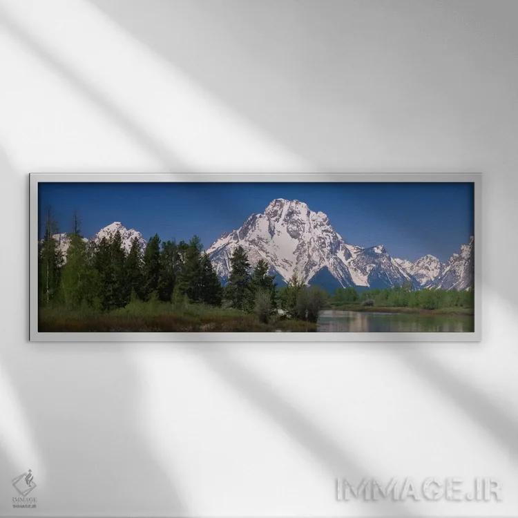 تابلو Grand Teton National Park, Wyoming, USA" - "کوه موران پوشیده از برف همانطور که از انحنای اوکس بو دیده میشود، پارک ملی گراند تیتون، وایومینگ، ایالات متحده آمریکا" اثر پانورامیک ایمجز (استودیو عکاسی عریض) - نمای قابدار سفید