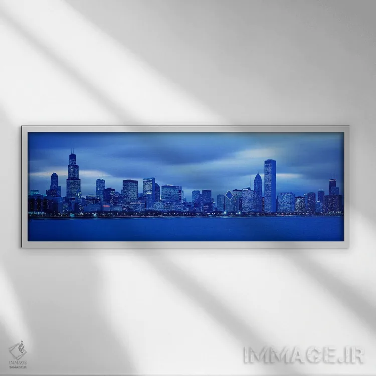 تابلو Chicago, Illinois, USA" - "نمای افق شهری در غروب، شیکاگو، ایلینوی، ایالات متحده آمریکا" اثر پانورامیک ایمجز (استودیو عکاسی عریض) - نمای قابدار سفید