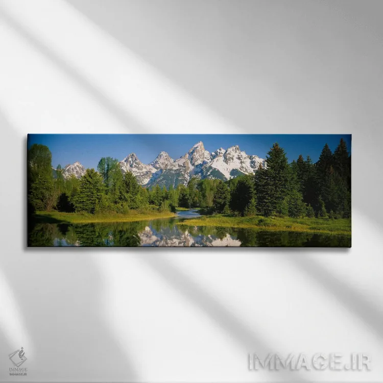 تابلو Grand Teton National Park, Wyoming, USA" - "رشتهکوههای تیتون پوشیده از برف همانطور که از ساحل شواباکر دیده میشود، پارک ملی گراند تیتون، وایومینگ، ایالات متحده آمریکا" اثر پانورامیک ایمجز (استودیو عکاسی عریض) - نمای روبهرو روی دیوار