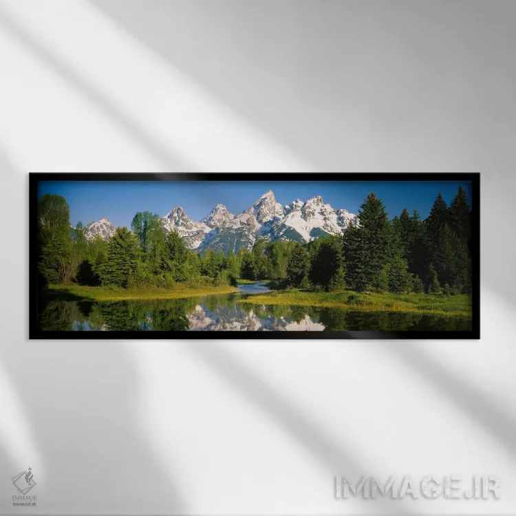 تابلو Grand Teton National Park, Wyoming, USA" - "رشتهکوههای تیتون پوشیده از برف همانطور که از ساحل شواباکر دیده میشود، پارک ملی گراند تیتون، وایومینگ، ایالات متحده آمریکا" اثر پانورامیک ایمجز (استودیو عکاسی عریض) - نمای قابدار مشکی