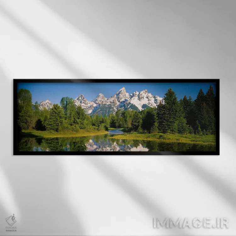 تابلو Grand Teton National Park, Wyoming, USA" - "رشتهکوههای تیتون پوشیده از برف همانطور که از ساحل شواباکر دیده میشود، پارک ملی گراند تیتون، وایومینگ، ایالات متحده آمریکا" اثر پانورامیک ایمجز (استودیو عکاسی عریض) - نمای قابدار مشکی