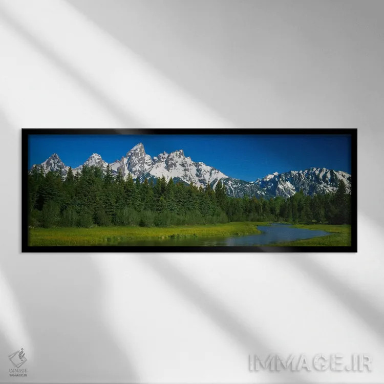 تابلو Teton Range, Grand Teton National Park, Wyoming, USA" - "منظره کوهستانی، رشتهکوه تیتون، پارک ملی گراند تیتون، وایومینگ، ایالات متحده آمریکا" اثر پانورامیک ایمجز (استودیو عکاسی عریض) - نمای قابدار مشکی