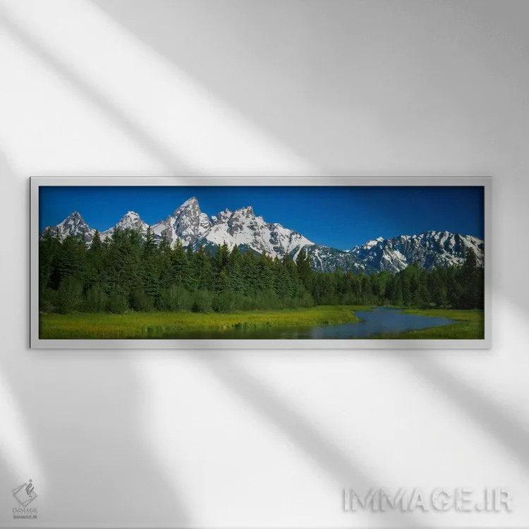 تابلو Teton Range, Grand Teton National Park, Wyoming, USA" - "منظره کوهستانی، رشتهکوه تیتون، پارک ملی گراند تیتون، وایومینگ، ایالات متحده آمریکا" اثر پانورامیک ایمجز (استودیو عکاسی عریض) - نمای قابدار سفید