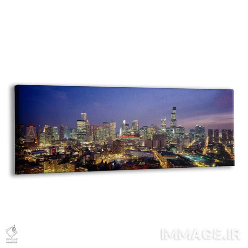 تابلو نمای بالا از ساختمانها روشنشده در غروب، شیکاگو، ایلینوی، ایالات متحده اثر پانورامیک ایمجز (استودیو عکاسی عریض) - نمای پرسپکتیو محصول