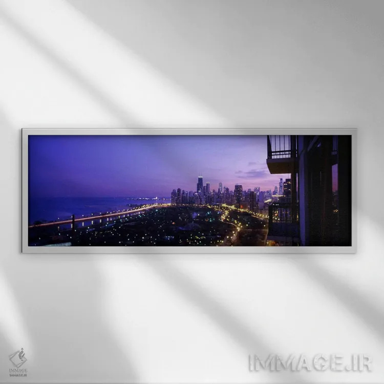 تابلو نمای بالا از یک شهر در شب، دریاچه میشیگان، شیکاگو، شهرستان کوک، ایلینوی، ایالات متحده اثر پانورامیک ایمجز (استودیو عکاسی عریض) - نمای قابدار سفید