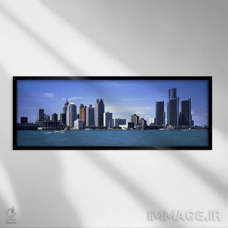 تابلو ساختمانها در کنار آب، دیترویت، شهرستان وین، میشیگان، ایالات متحده #۲ اثر پانورامیک ایمجز (استودیو عکاسی عریض) - نمای قابدار مشکی