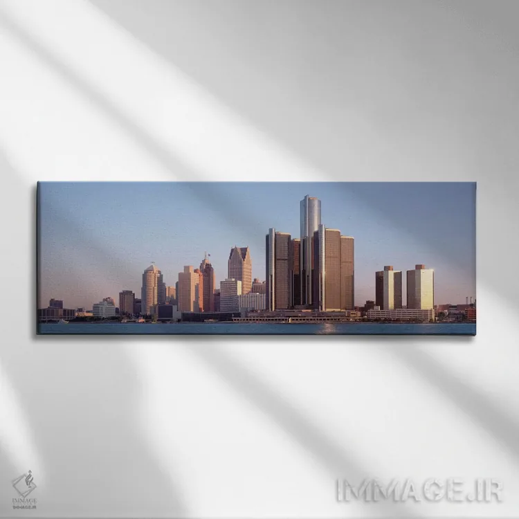 تابلو ساختمانها در یک شهر، دیترویت، میشیگان، ایالات متحده اثر پانورامیک ایمجز (استودیو عکاسی عریض) - نمای روبهرو روی دیوار