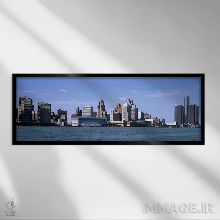 تابلو ساختمانها در کنار آب، دیترویت، شهرستان وین، میشیگان، ایالات متحده اثر پانورامیک ایمجز (استودیو عکاسی عریض) - نمای قابدار مشکی