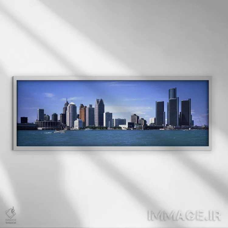 تابلو ساختمانها در کنار آب، دیترویت، شهرستان وین، میشیگان، ایالات متحده #۲ اثر پانورامیک ایمجز (استودیو عکاسی عریض) - نمای قابدار سفید