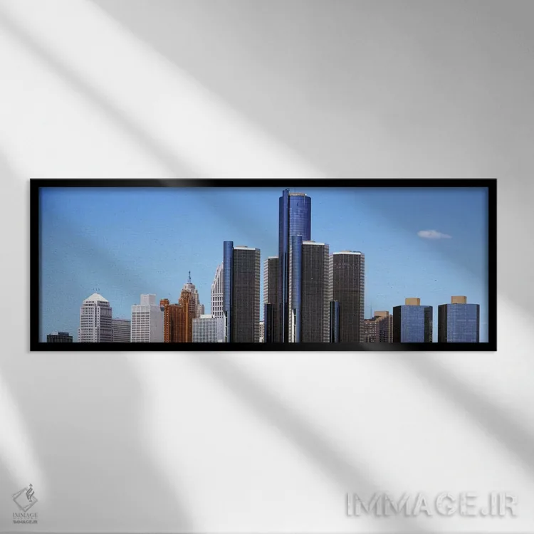 تابلو آسمانخراشها در یک شهر، دیترویت، شهرستان وین، میشیگان، ایالات متحده اثر پانورامیک ایمجز (استودیو عکاسی عریض) - نمای قابدار مشکی