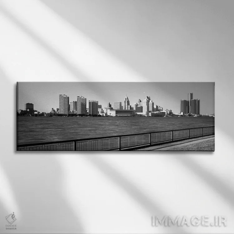 تابلو ساختمانها در کنار آب، دیترویت، شهرستان وین، میشیگان، ایالات متحده #۳ اثر پانورامیک ایمجز (استودیو عکاسی عریض) - نمای روبهرو روی دیوار
