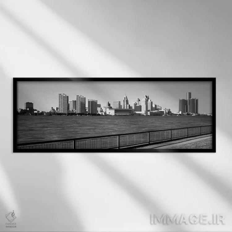 تابلو ساختمانها در کنار آب، دیترویت، شهرستان وین، میشیگان، ایالات متحده #۳ اثر پانورامیک ایمجز (استودیو عکاسی عریض) - نمای قابدار مشکی