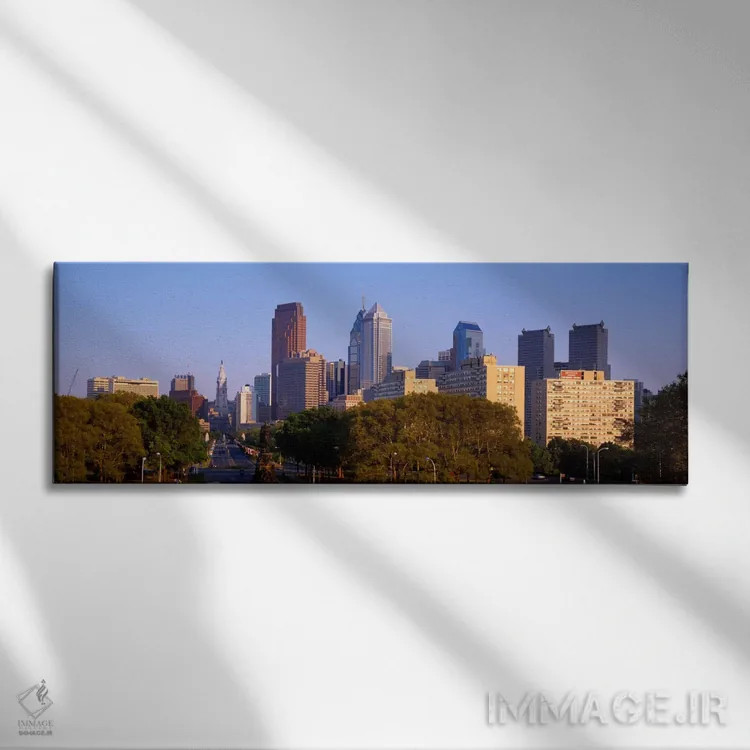تابلو آسمانخراشها در یک شهر، فیلادلفیا، پنسیلوانیا، ایالات متحده اثر پانورامیک ایمجز (استودیو عکاسی عریض) - نمای روبهرو روی دیوار