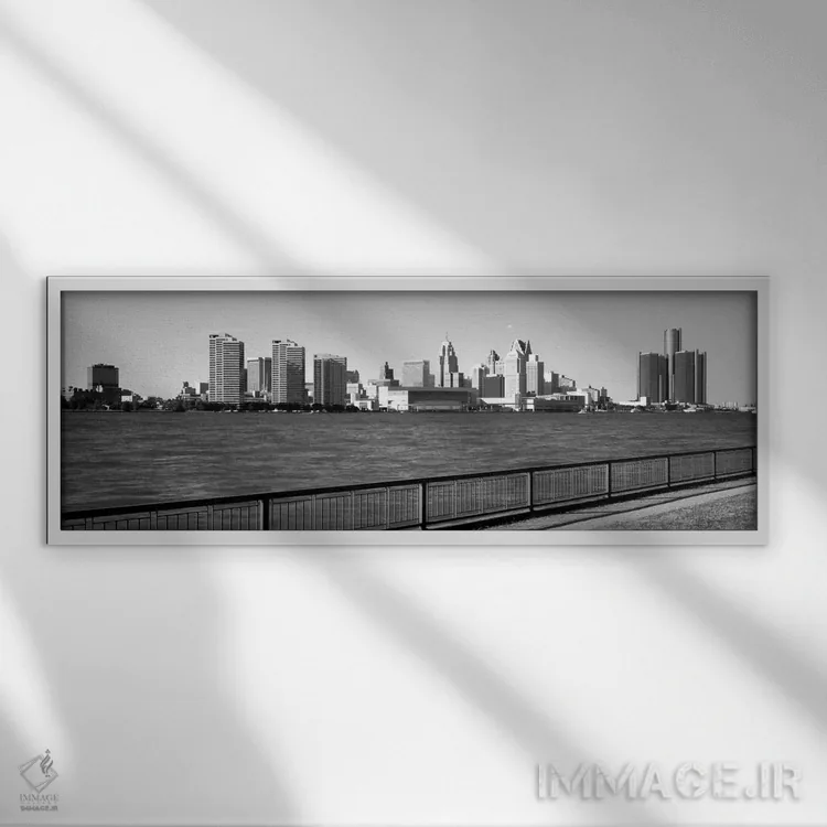 تابلو ساختمانها در کنار آب، دیترویت، شهرستان وین، میشیگان، ایالات متحده #۳ اثر پانورامیک ایمجز (استودیو عکاسی عریض) - نمای قابدار سفید