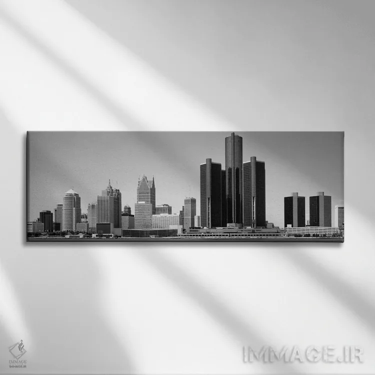 تابلو آسمانخراشها در شهر، دیترویت، میشیگان، ایالات متحده اثر پانورامیک ایمجز (استودیو عکاسی عریض) - نمای روبهرو روی دیوار