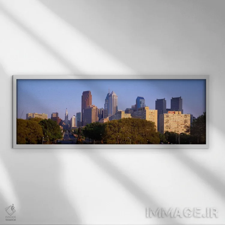 تابلو آسمانخراشها در یک شهر، فیلادلفیا، پنسیلوانیا، ایالات متحده اثر پانورامیک ایمجز (استودیو عکاسی عریض) - نمای قابدار سفید