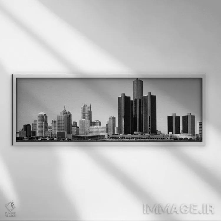 تابلو آسمانخراشها در شهر، دیترویت، میشیگان، ایالات متحده اثر پانورامیک ایمجز (استودیو عکاسی عریض) - نمای قابدار سفید
