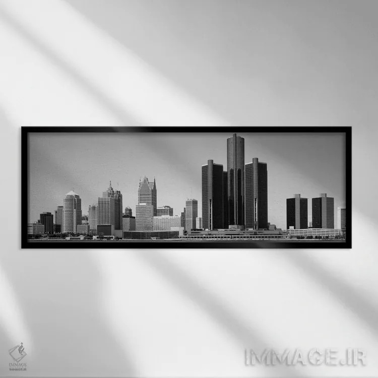 تابلو آسمانخراشها در شهر، دیترویت، میشیگان، ایالات متحده اثر پانورامیک ایمجز (استودیو عکاسی عریض) - نمای قابدار مشکی