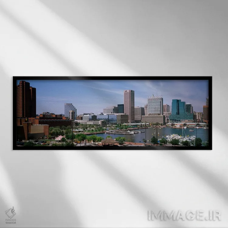 تابلو ایالات متحده، مریلند، بالتیمور، نمای بالا از بندر داخلی اثر پانورامیک ایمجز (استودیو عکاسی عریض) - نمای قابدار مشکی