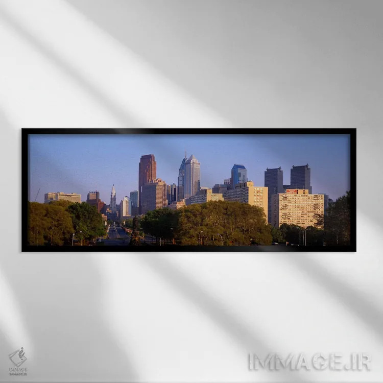 تابلو آسمانخراشها در یک شهر، فیلادلفیا، پنسیلوانیا، ایالات متحده اثر پانورامیک ایمجز (استودیو عکاسی عریض) - نمای قابدار مشکی